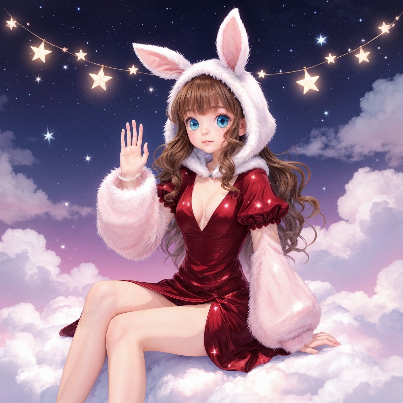 Anime-style girl on clouds under a starry sky