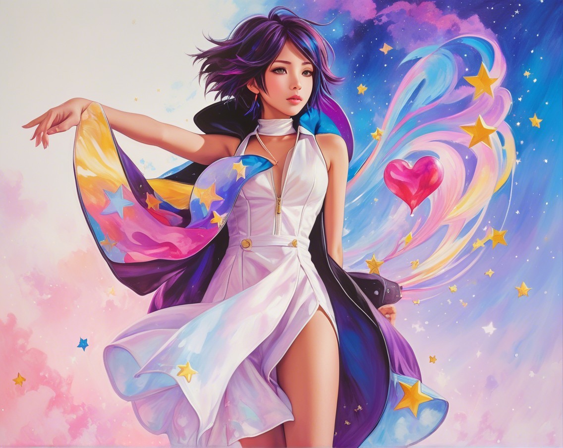 Young woman in white dress with colorful star cape