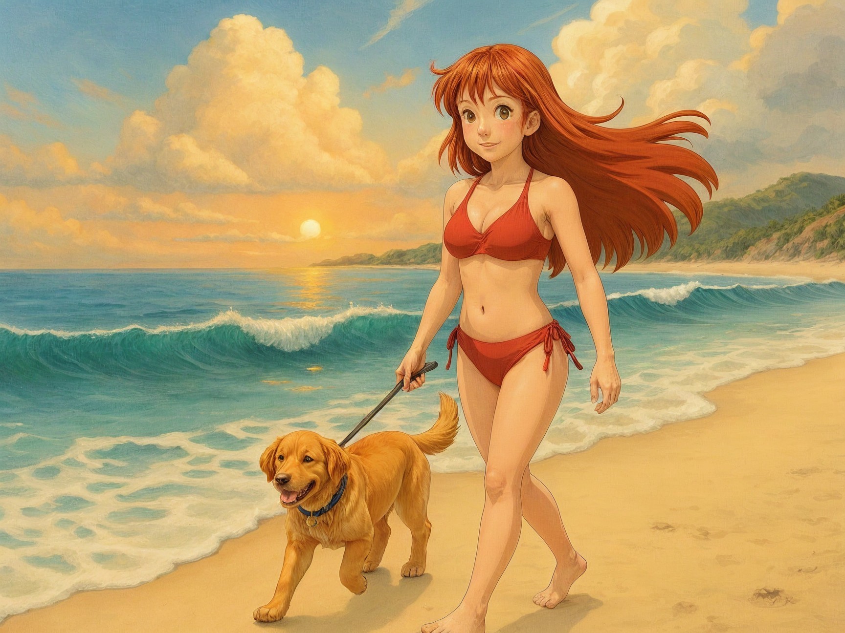 Young woman in red bikini with golden retriever at sunset