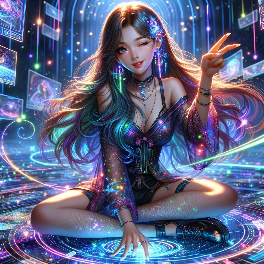 Vibrant Digital Illustration of Woman in Cosmic Setting