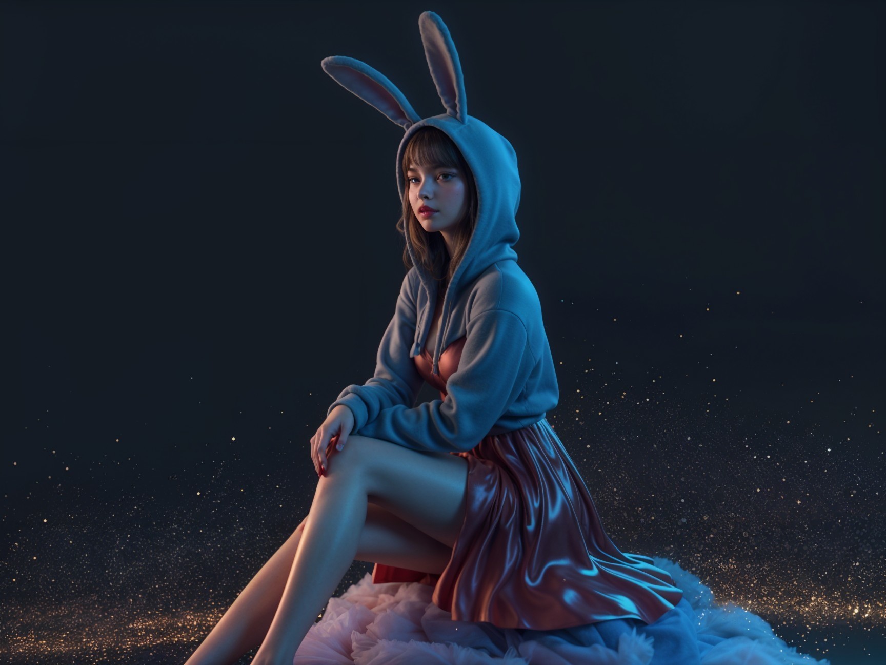 Young woman in hoodie and shimmering skirt against dark background
