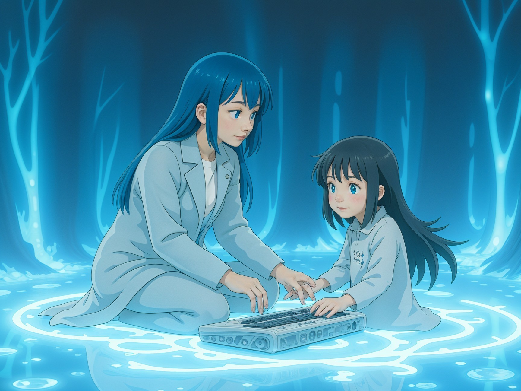 Woman and girl interact with a futuristic device in blue light