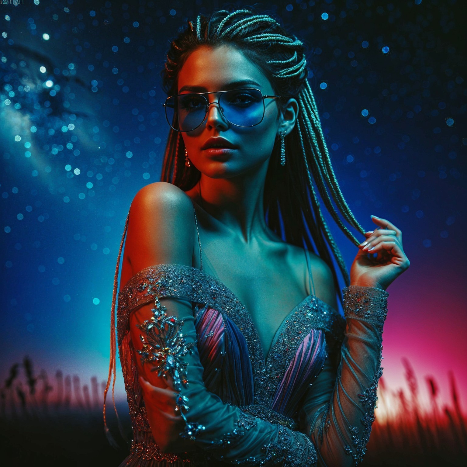 Young woman in gown poses against cosmic backdrop