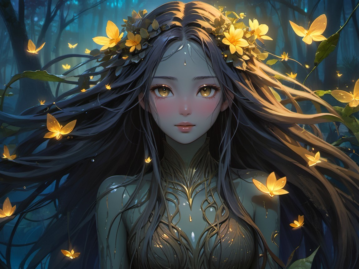 Serene girl in a mystical forest with butterflies