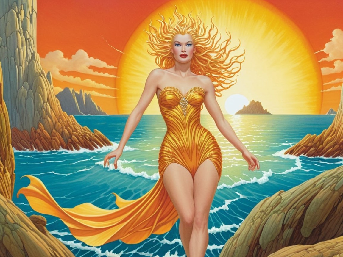 Woman by the ocean at sunset with golden hues