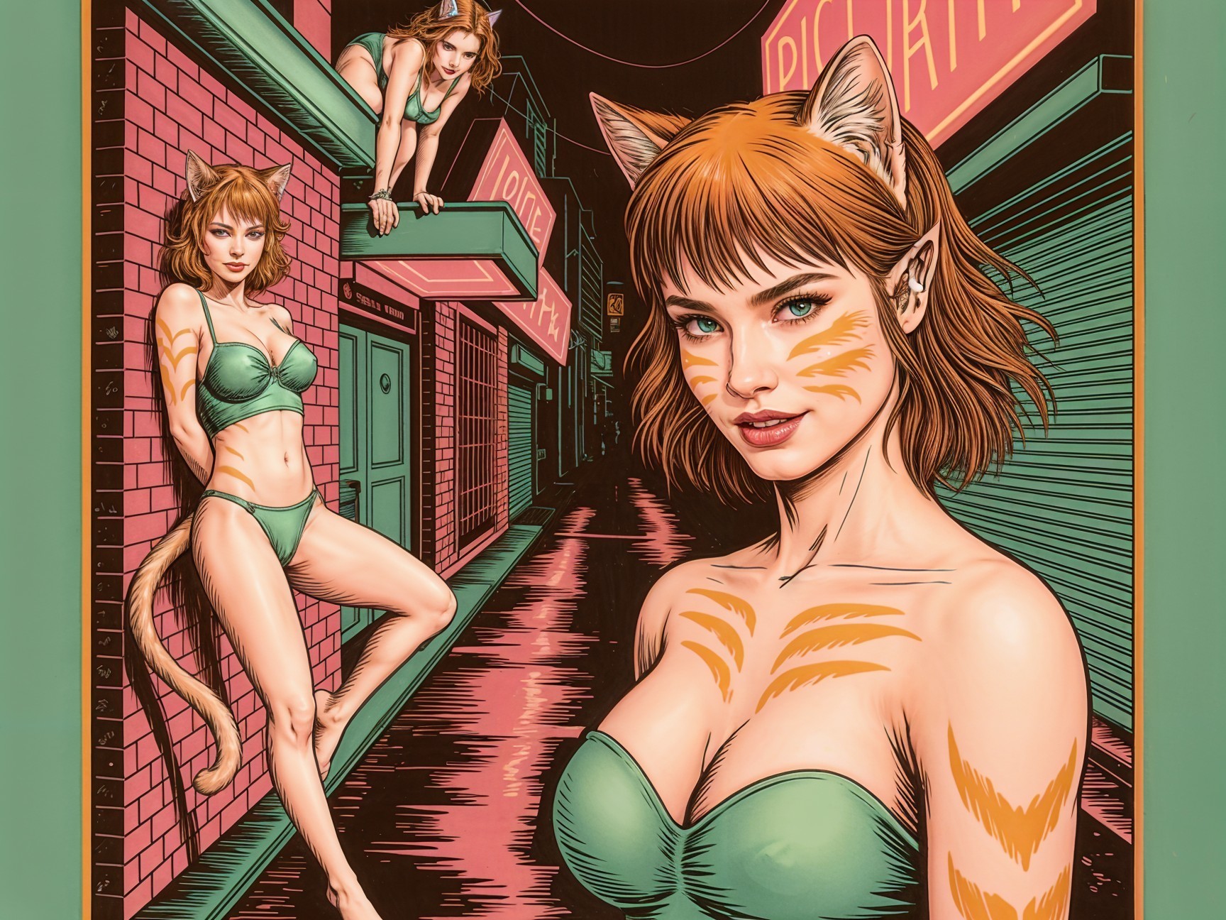 Vibrant Comic-Style Scene in Neon Alley with Felines