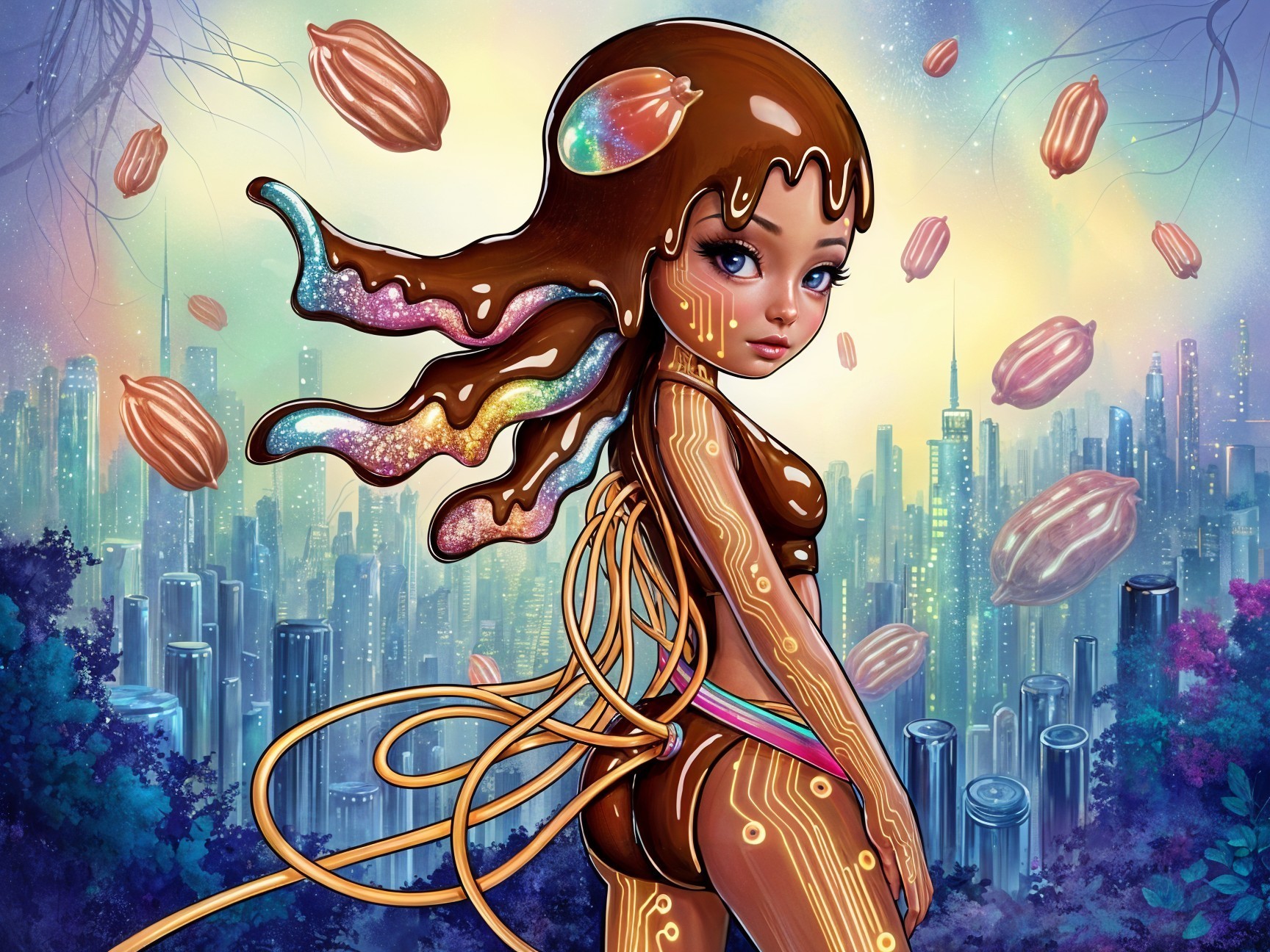 Whimsical Candy Character in Futuristic Cityscape