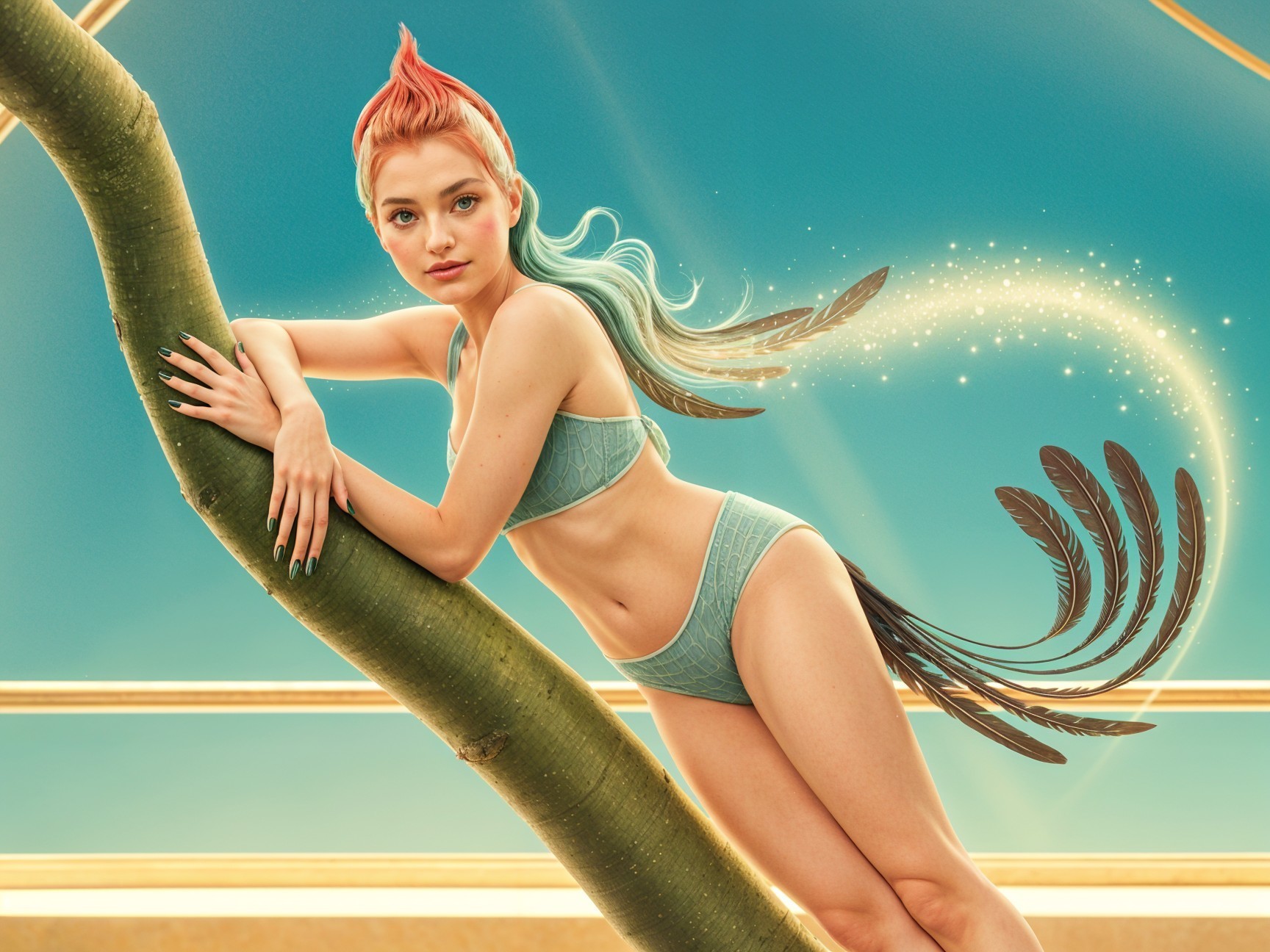 Whimsical Scene of Young Woman by Stylized Tree Trunk