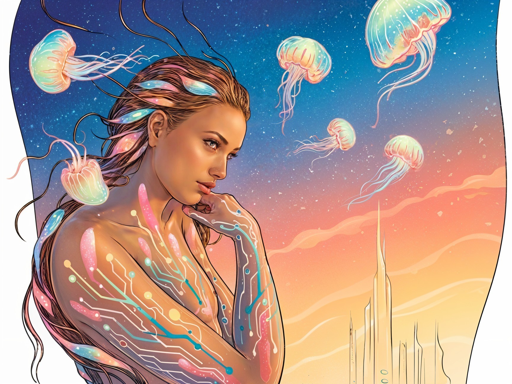 Futuristic Woman with Glowing Patterns and Jellyfish