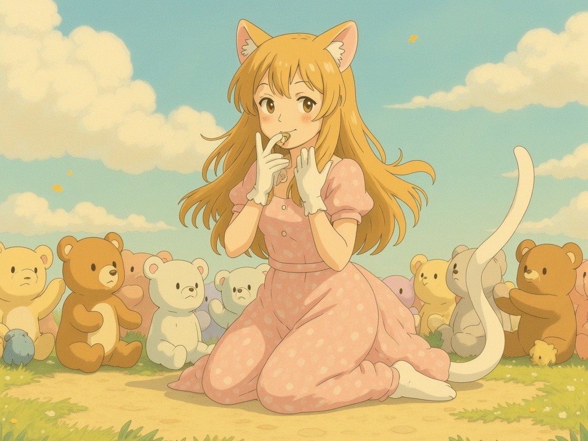 Whimsical Girl with Cat Ears in Colorful Landscape