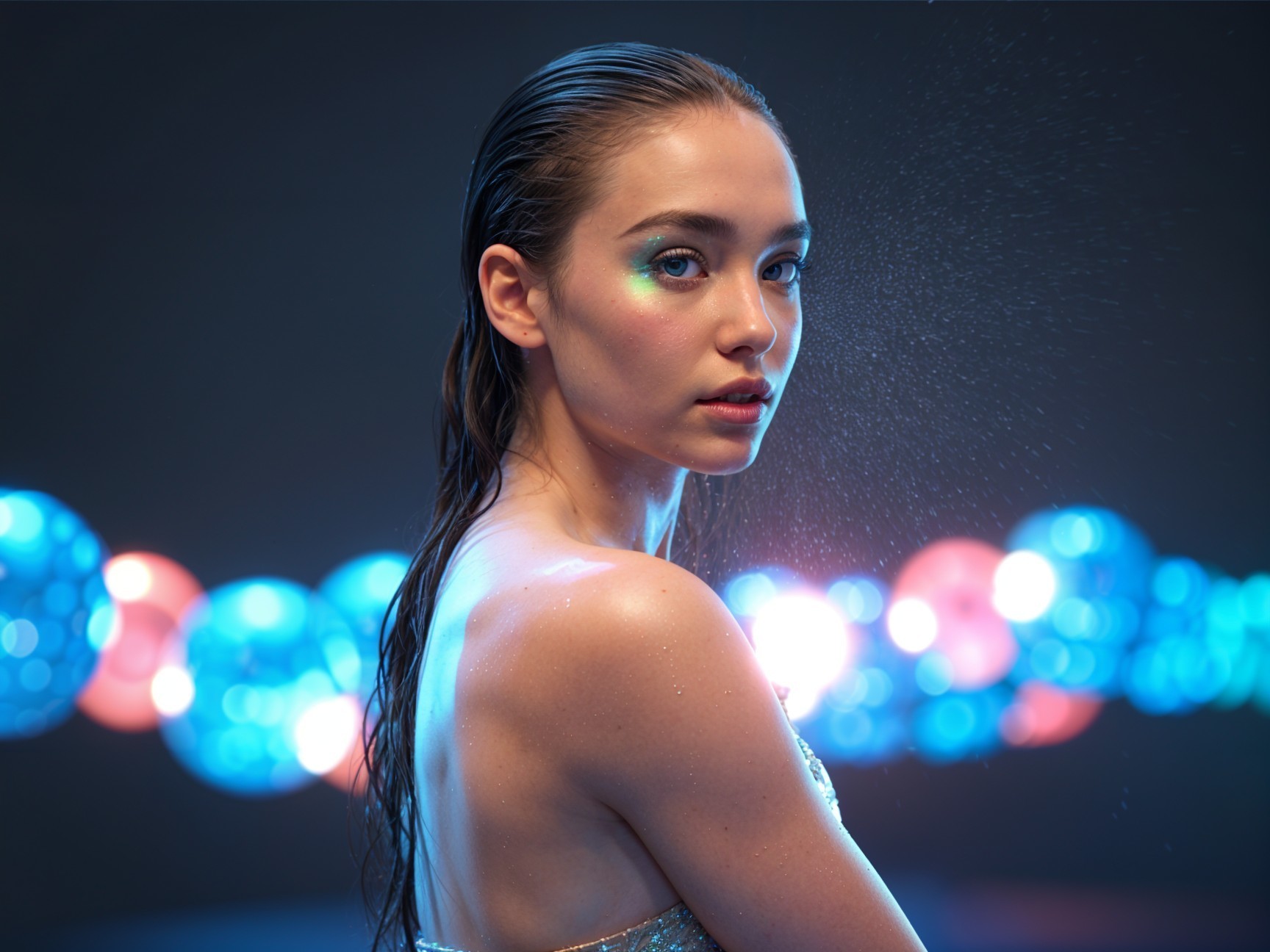 Young woman with radiant complexion and colorful bokeh