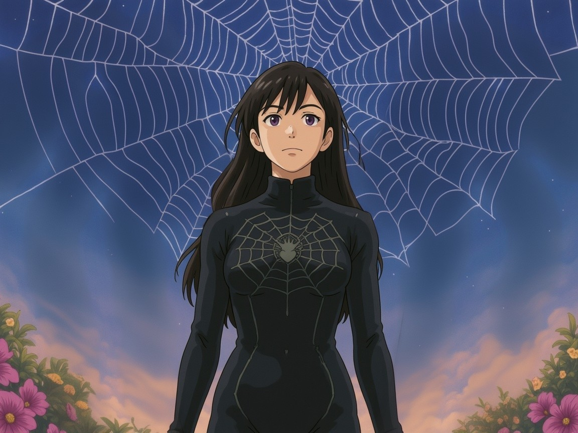 Young Woman in Black Suit with Spider Emblem and Web