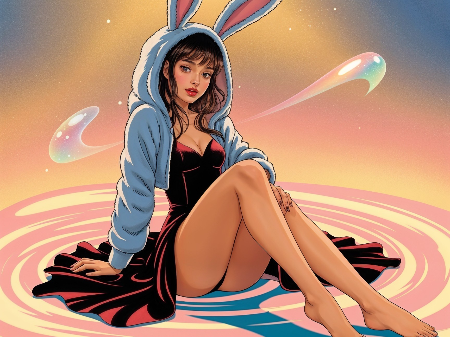 Whimsical Character in Black Dress and Bunny Hoodie