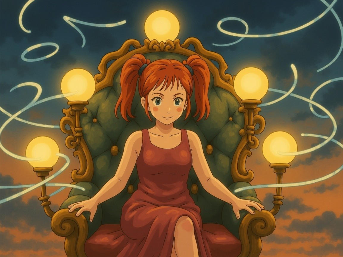 Girl in Red Dress on Green Throne with Glowing Orbs