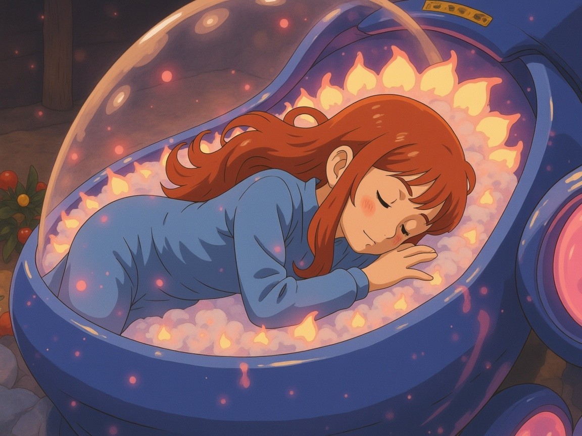 Young girl sleeping in a glowing futuristic pod