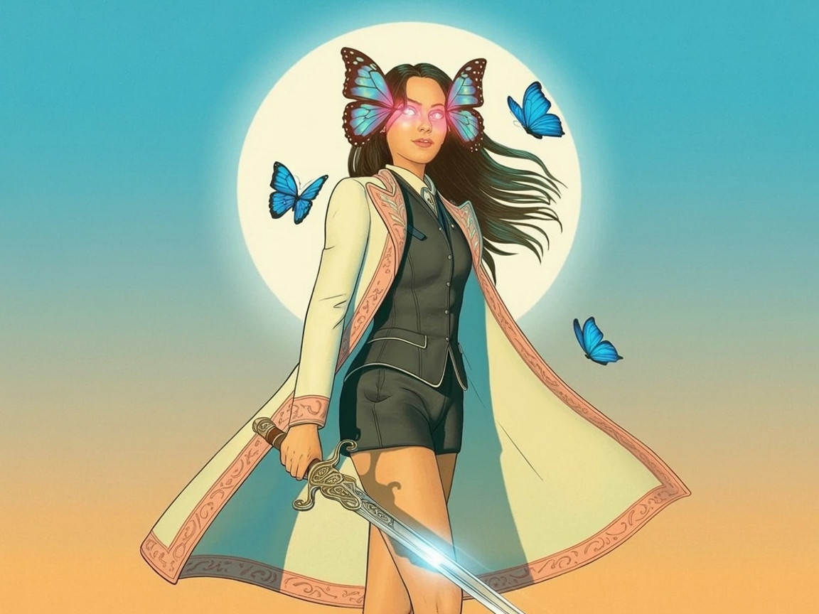 Young woman with butterfly wings and sword by moon