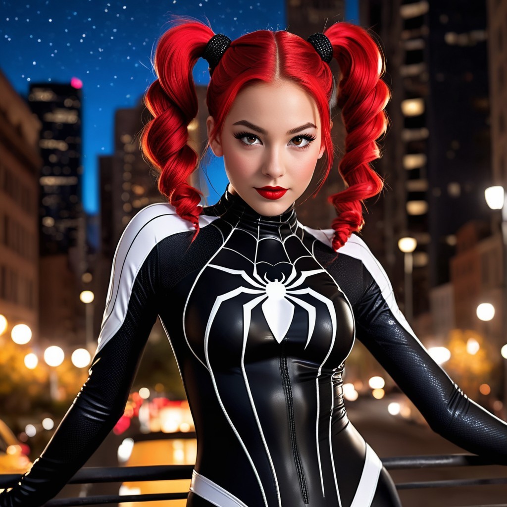 Young Woman in Superhero Outfit with City Skyline