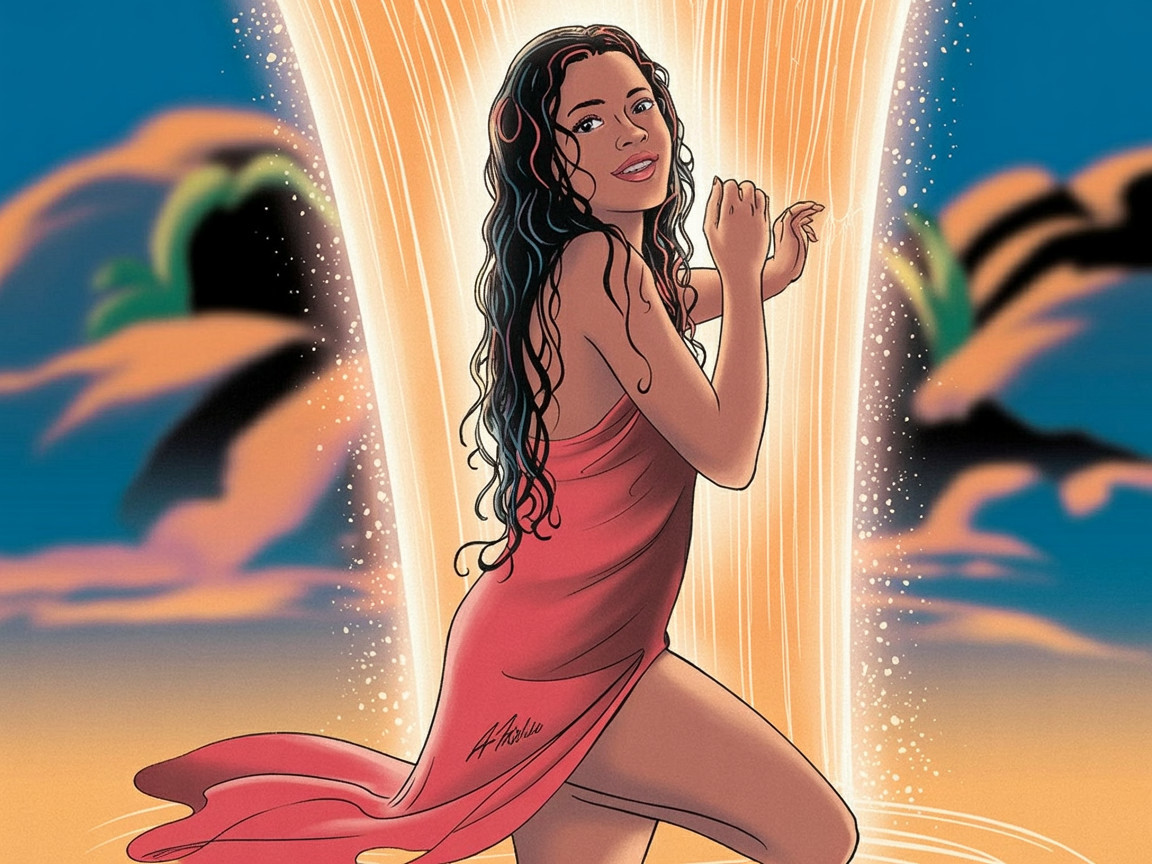Woman in flowing red dress by a glowing waterfall