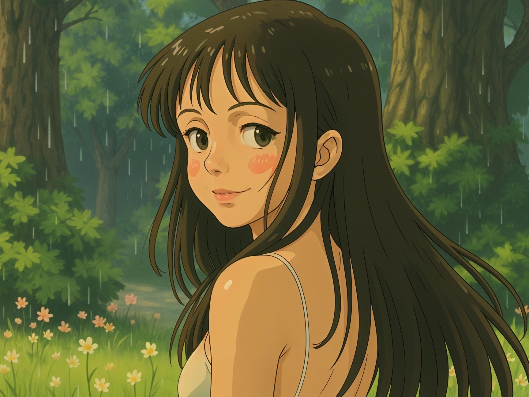 Young woman smiling in a serene forest setting