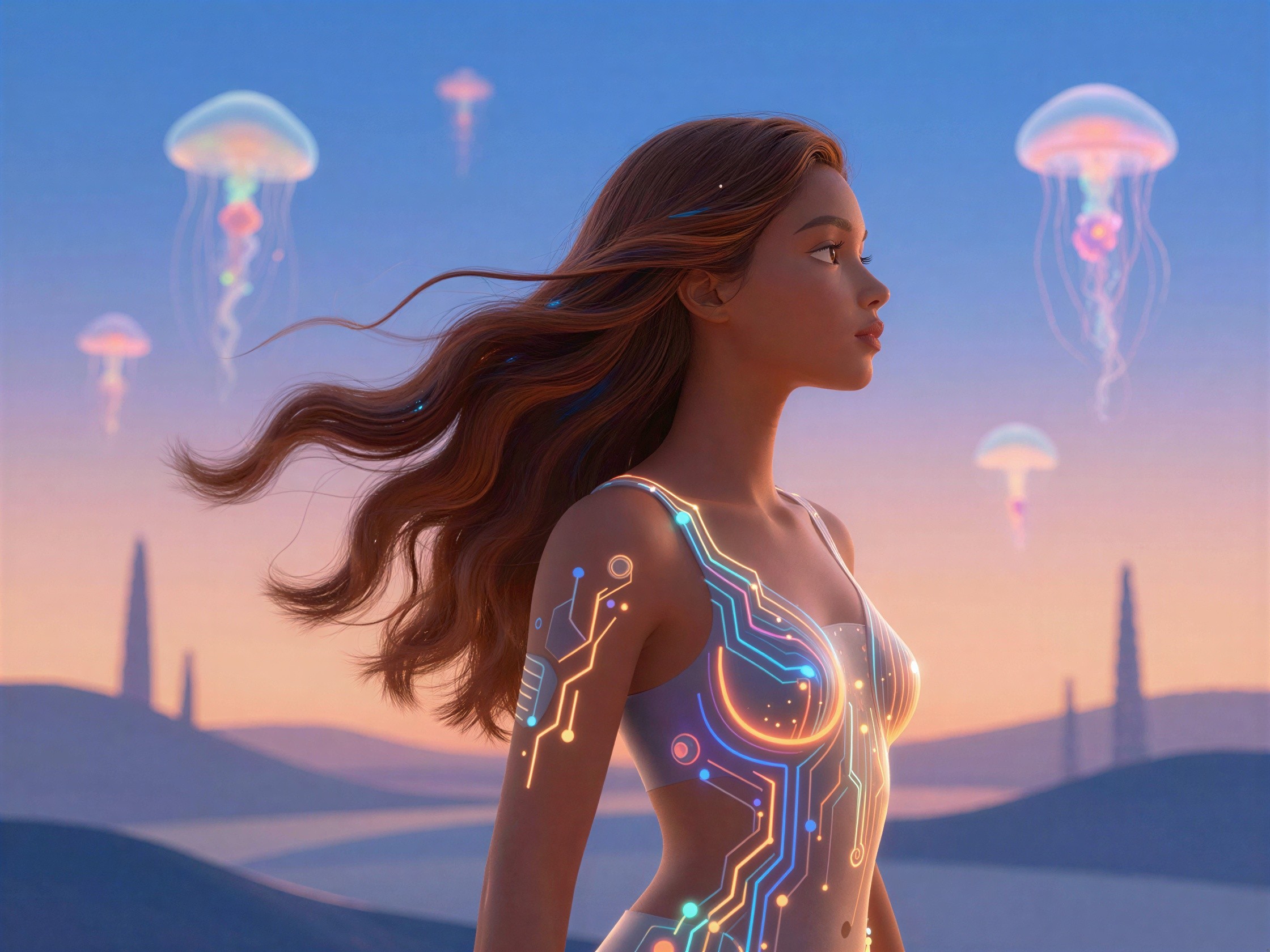 Digital portrait of a woman with glowing circuit patterns