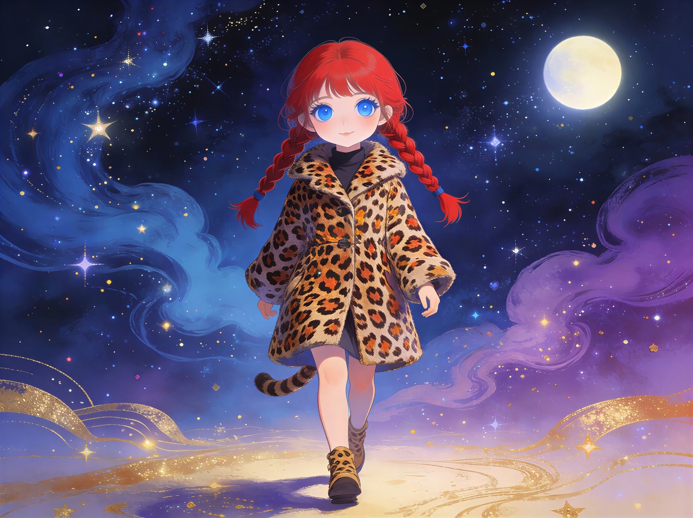Anime Girl with Red Hair on Golden Path at Night