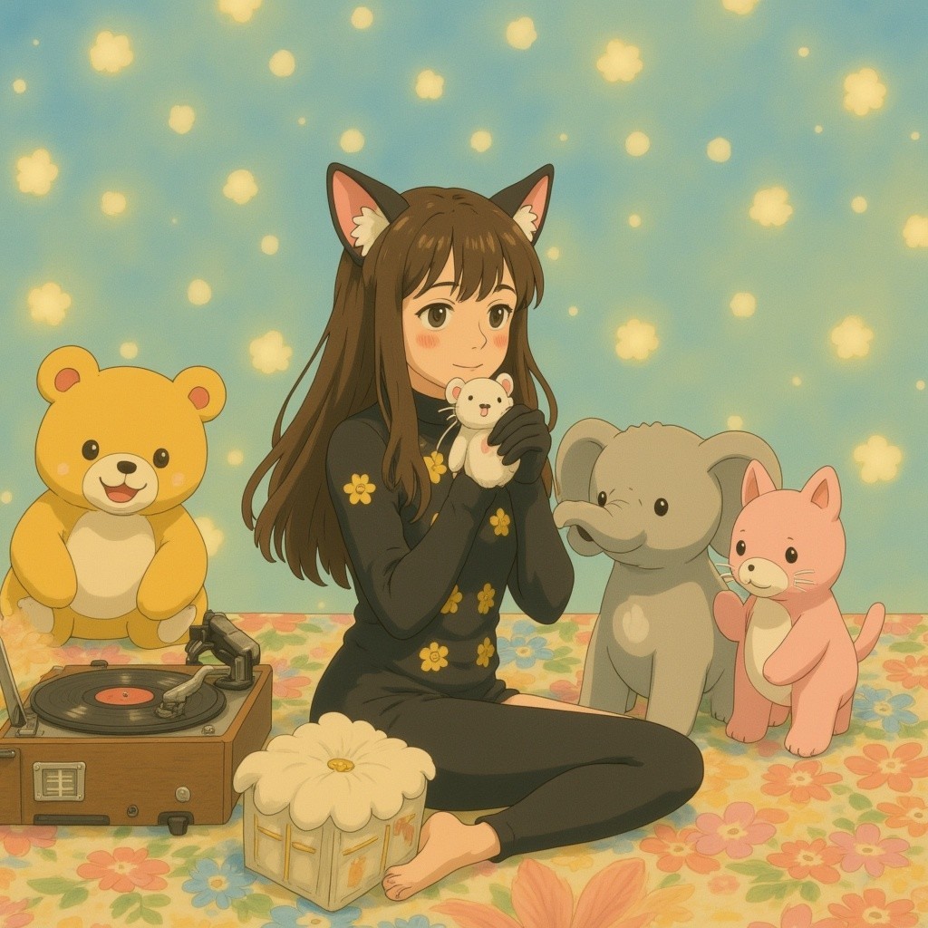 Cheerful Scene of Girl with Cat Ears and Plush Toys