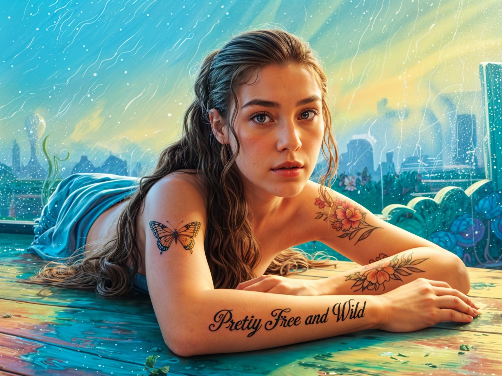 Young Woman with Tattoos in Dreamy Nature Setting