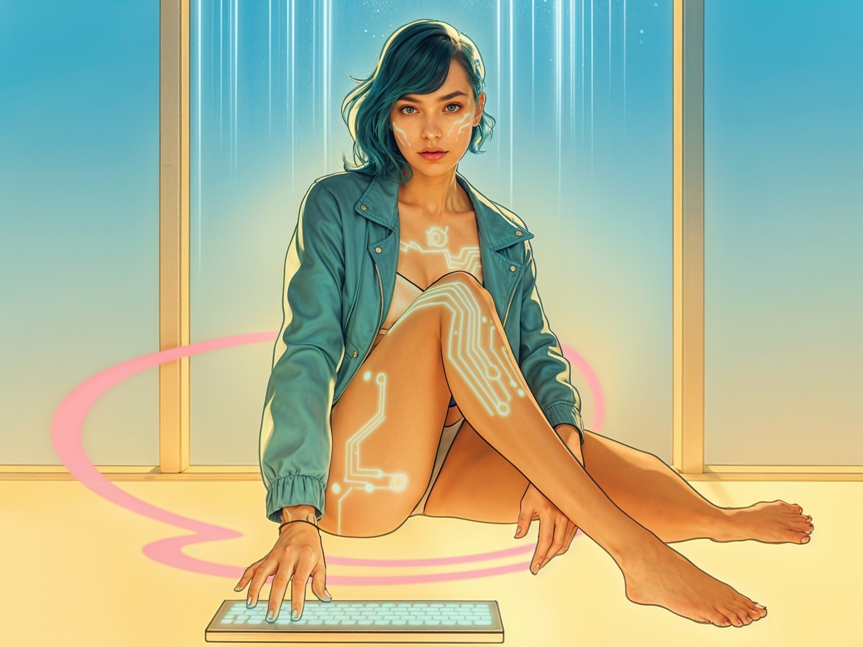 Futuristic Scene of a Woman with Blue Hair and Technology