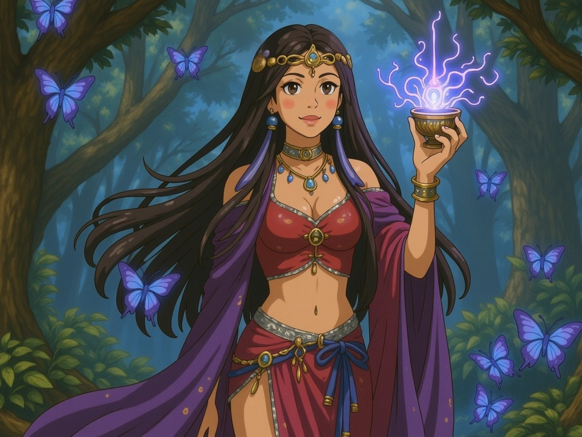 Mystical Character in Vibrant Forest with Butterflies