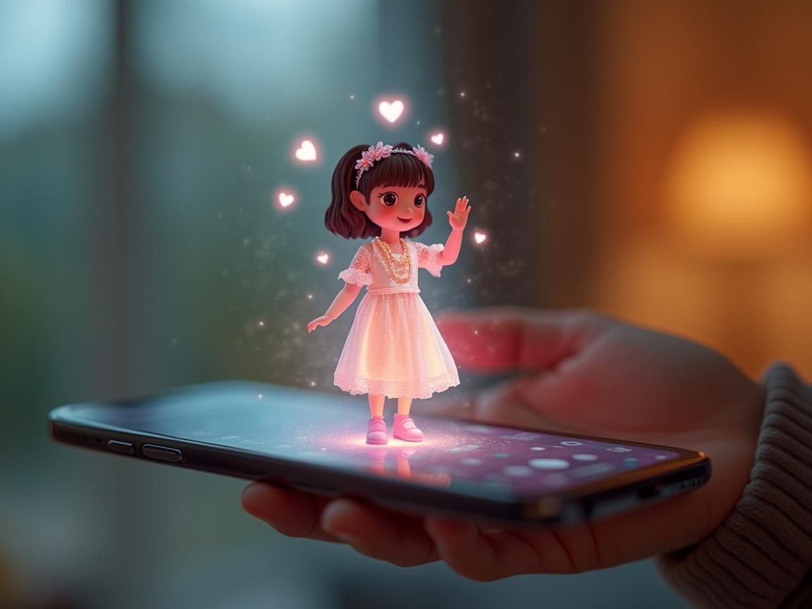 3D Animated Girl on Smartphone with Heart Emojis