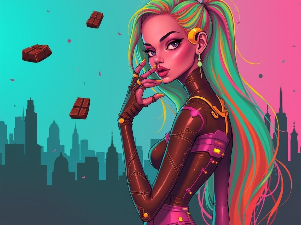 Futuristic cyberpunk character in vibrant city skyline