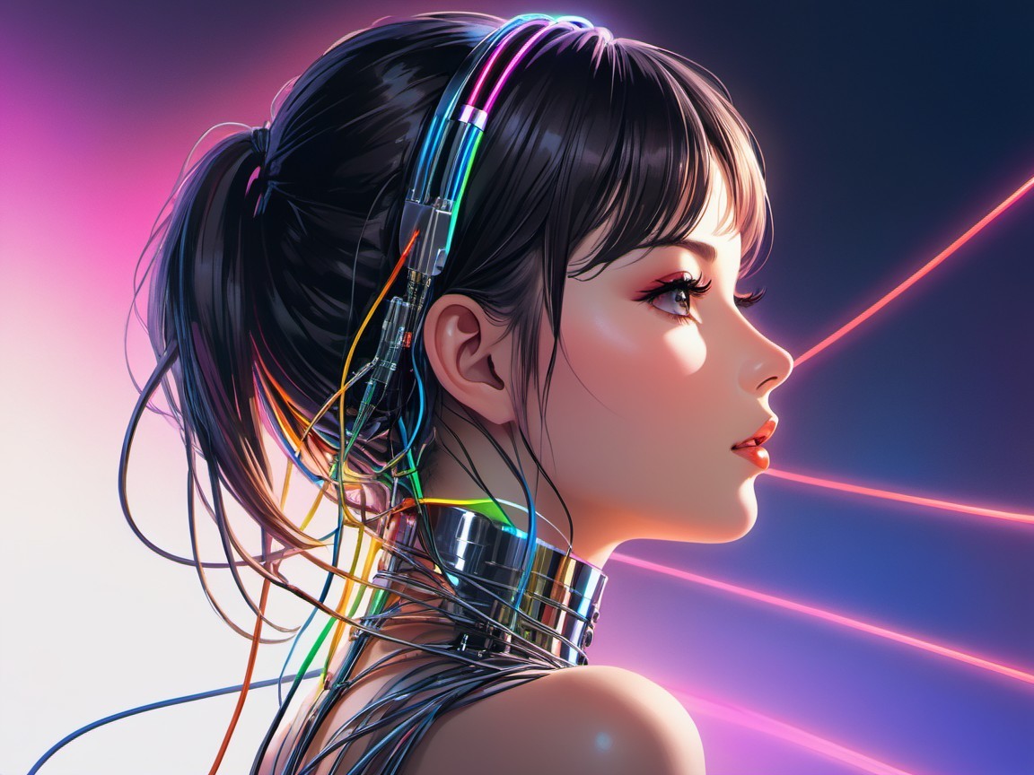 Futuristic Woman Portrait with Neon Wires and Gradient Background
