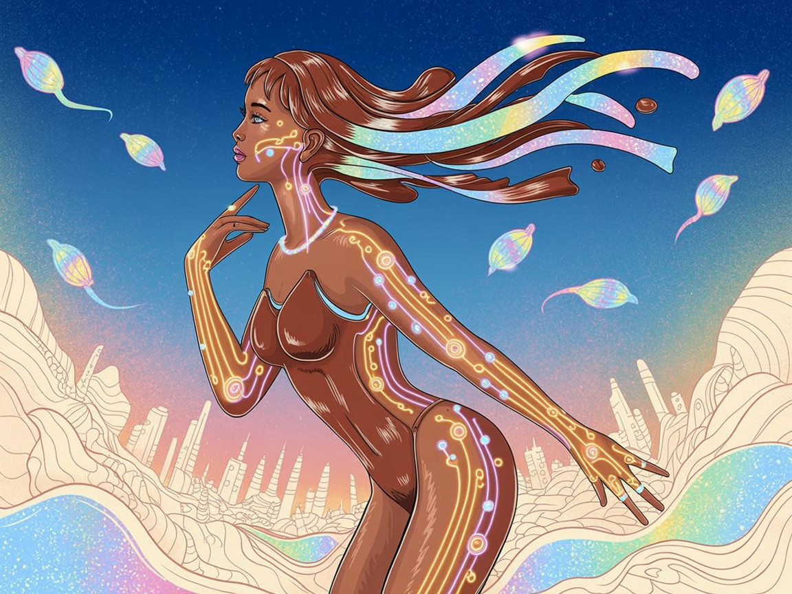 Futuristic Female Figure in Dreamlike Landscape