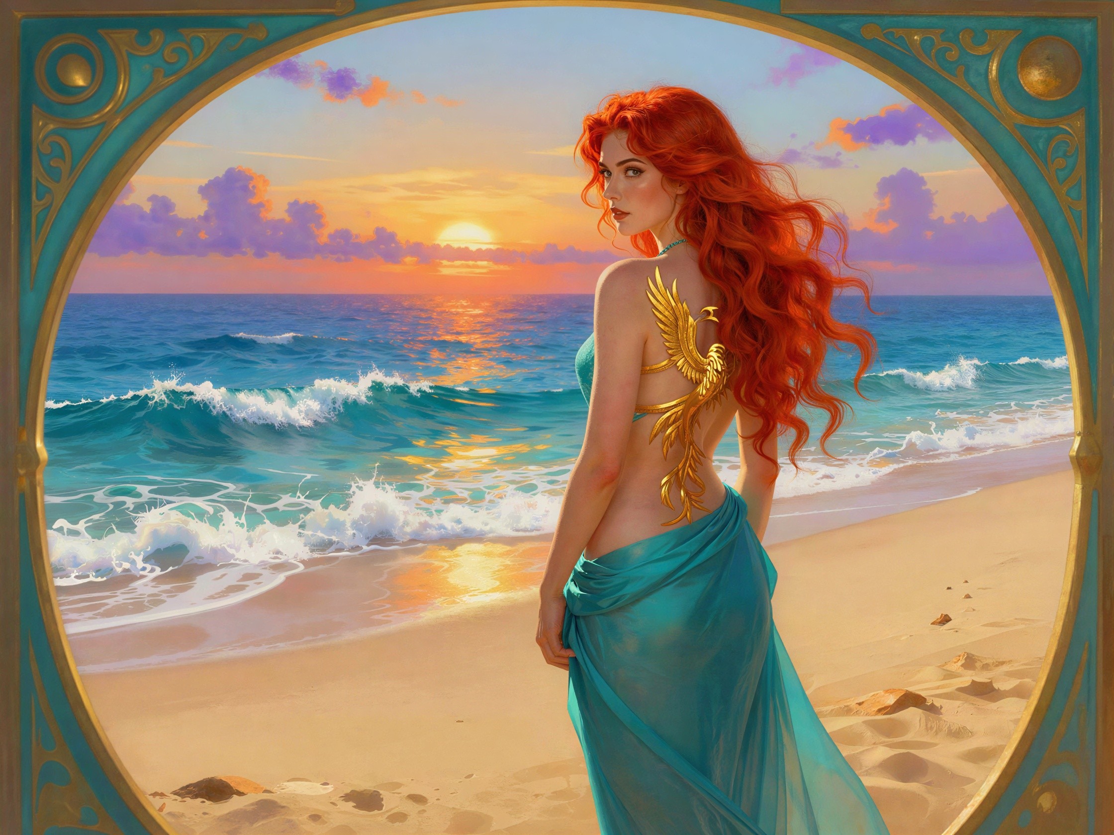 Vibrant digital art of a redhead woman at sunset