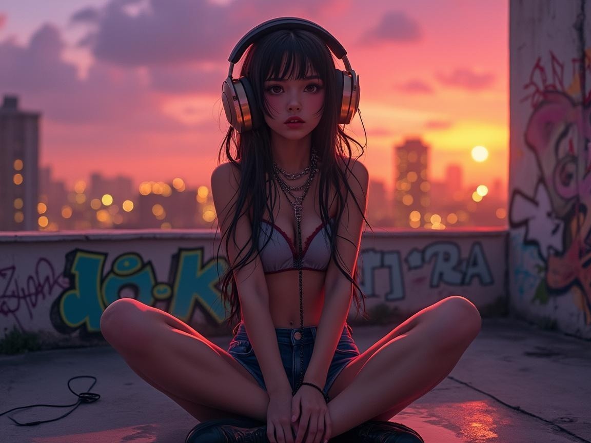 Young woman on rooftop at sunset with headphones