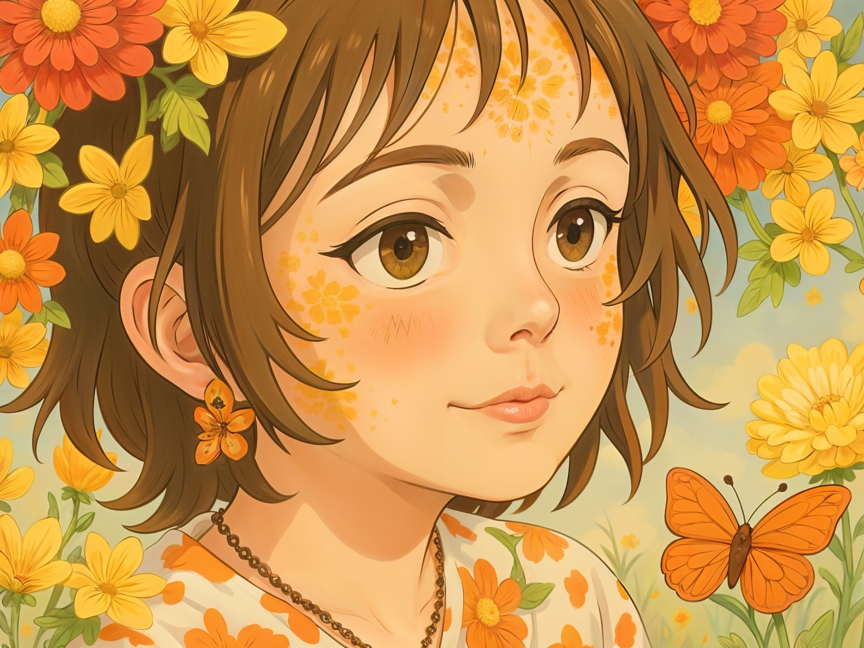 Young girl with flowers and vibrant blooms illustration