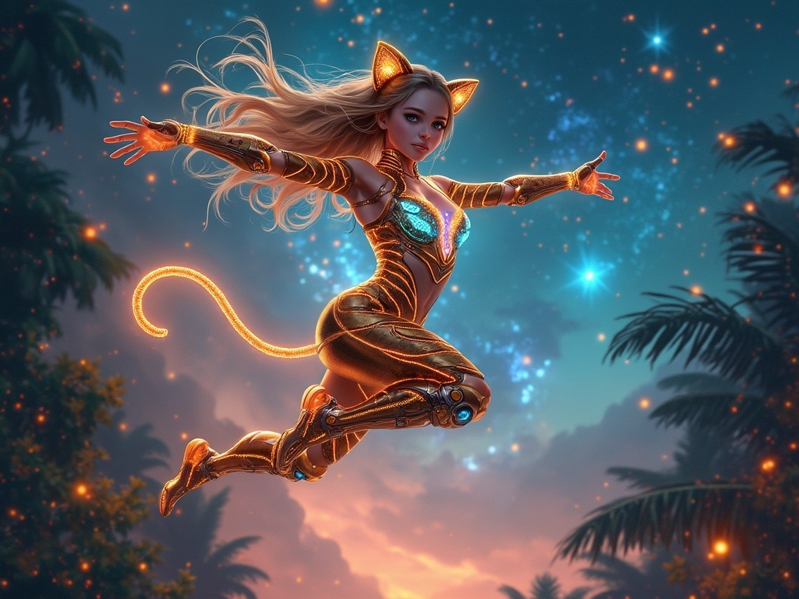 Futuristic Cat-Inspired Heroine in Twilight Scene