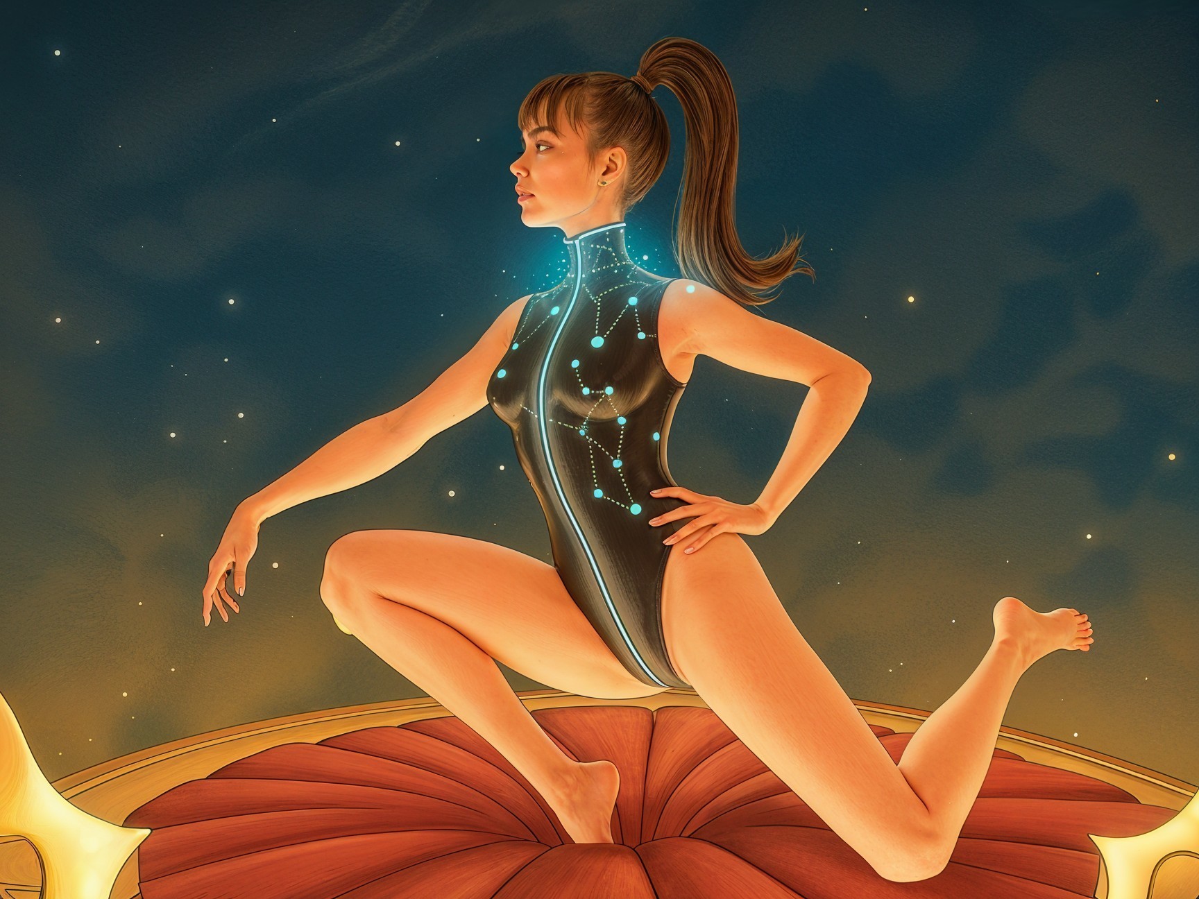 Futuristic figure on flower with glowing bodysuit design
