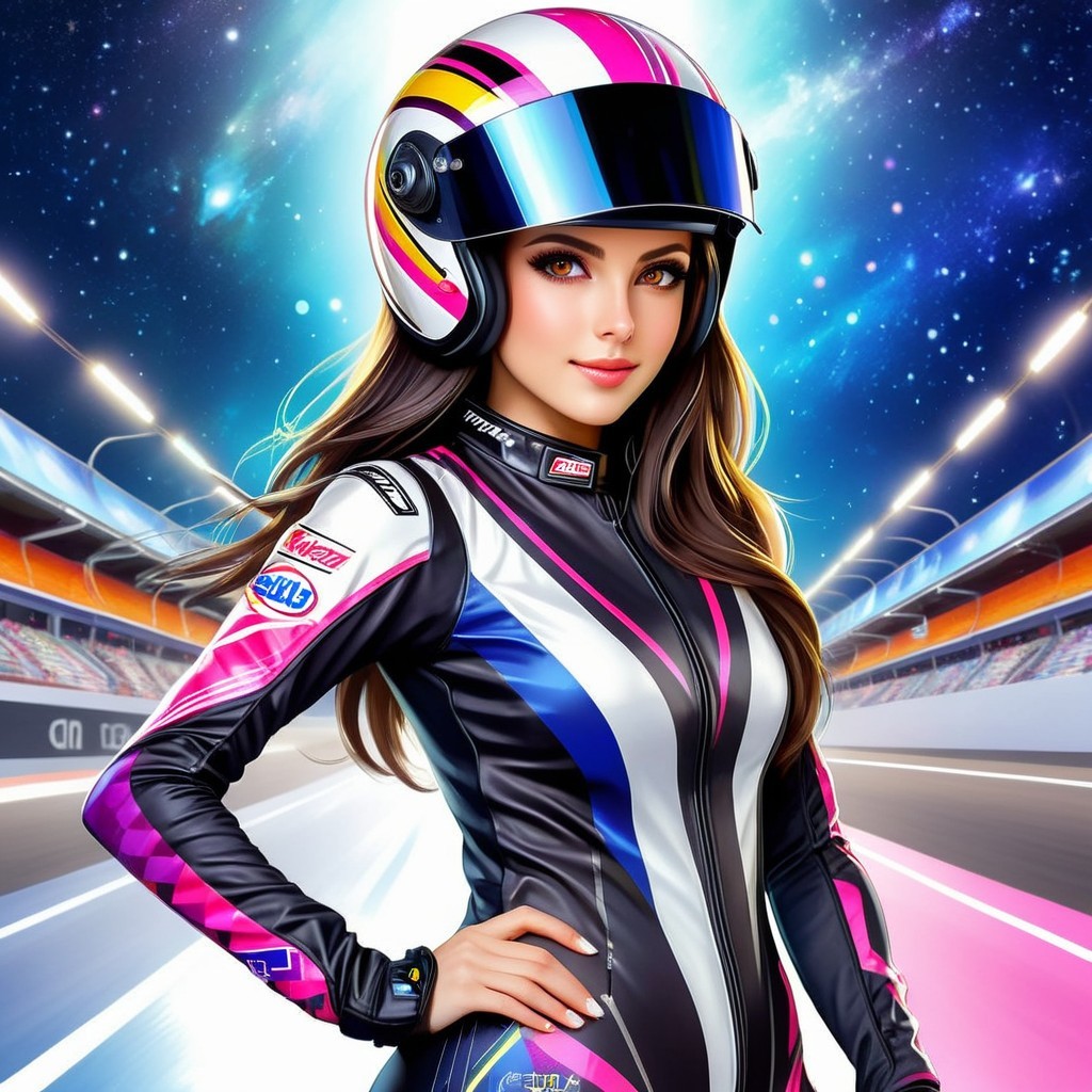 Confident Female Racer in Vibrant Racing Suit