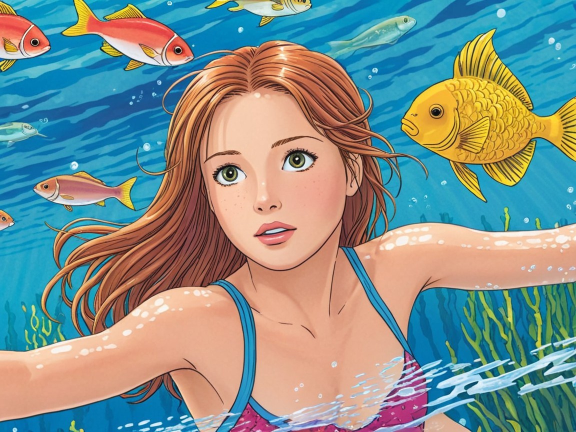 Underwater Scene of Girl Swimming with Colorful Fish