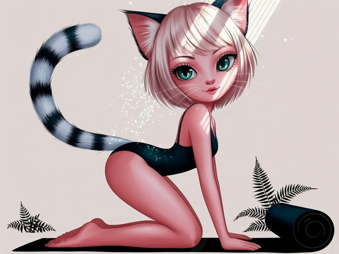 Stylized Cat-like Character in Black Suit with Motifs