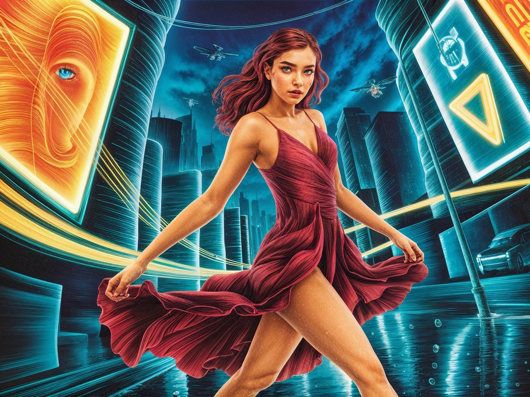 Futuristic cityscape with a figure in a red dress