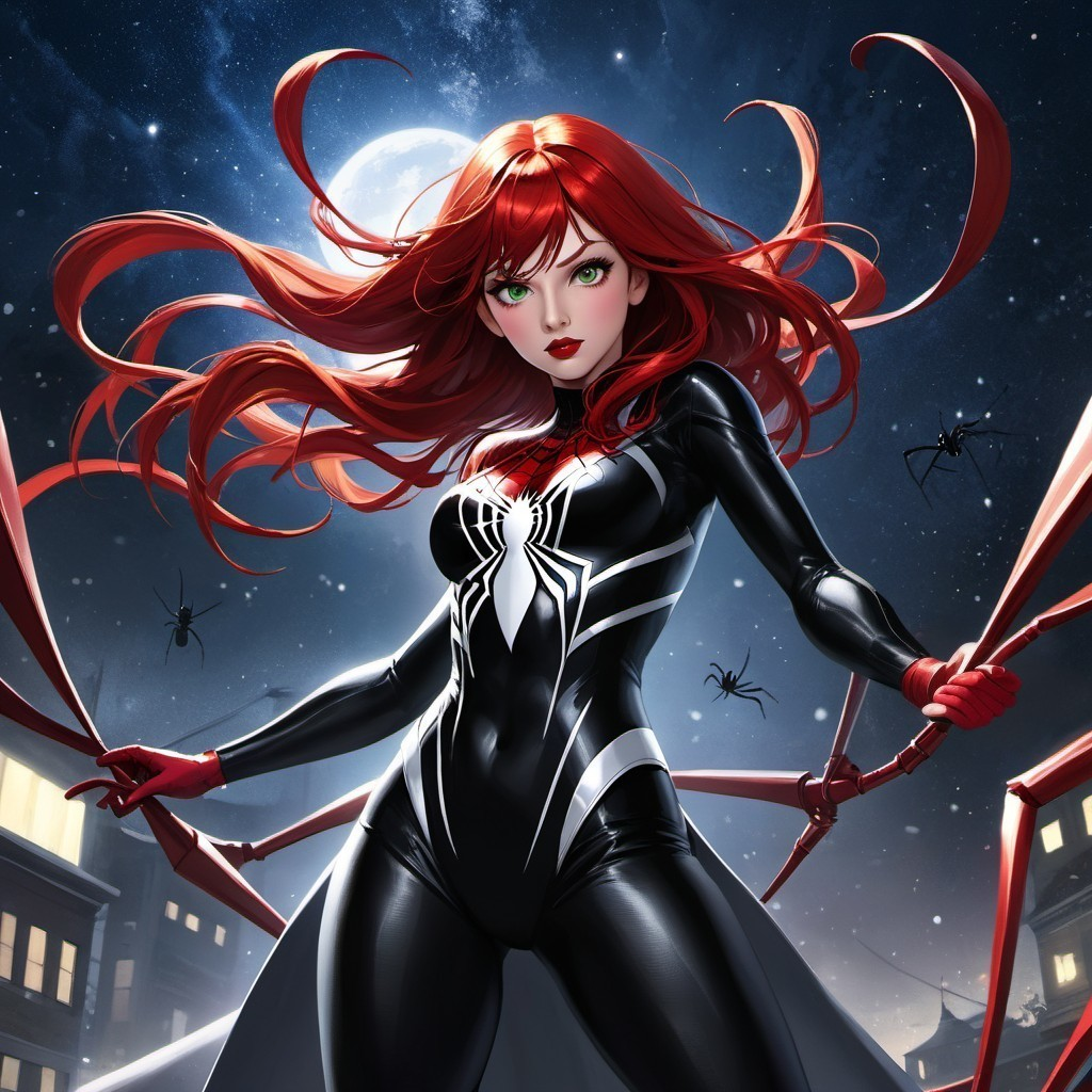 Female Superhero in Black Suit with Spider Emblem