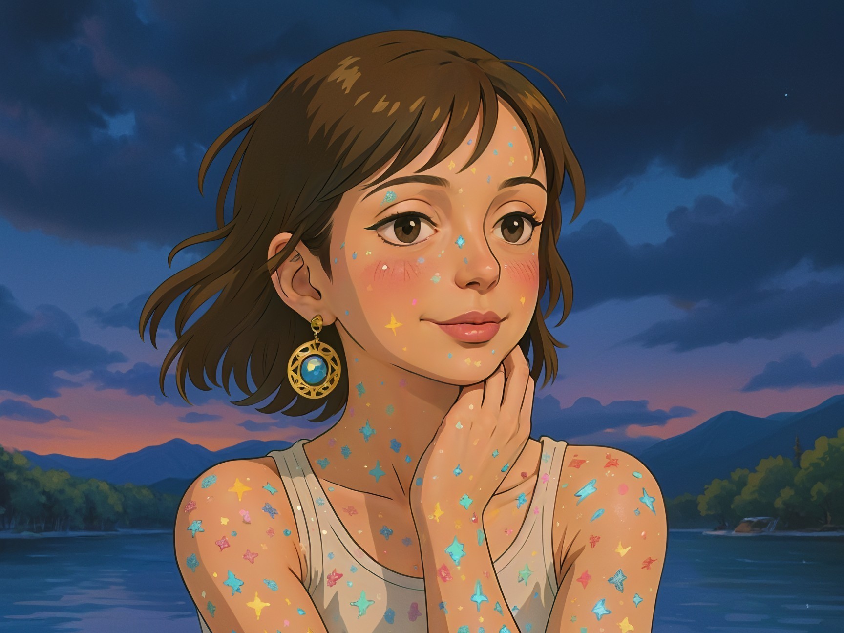 Young woman with glitter by a tranquil twilight lake