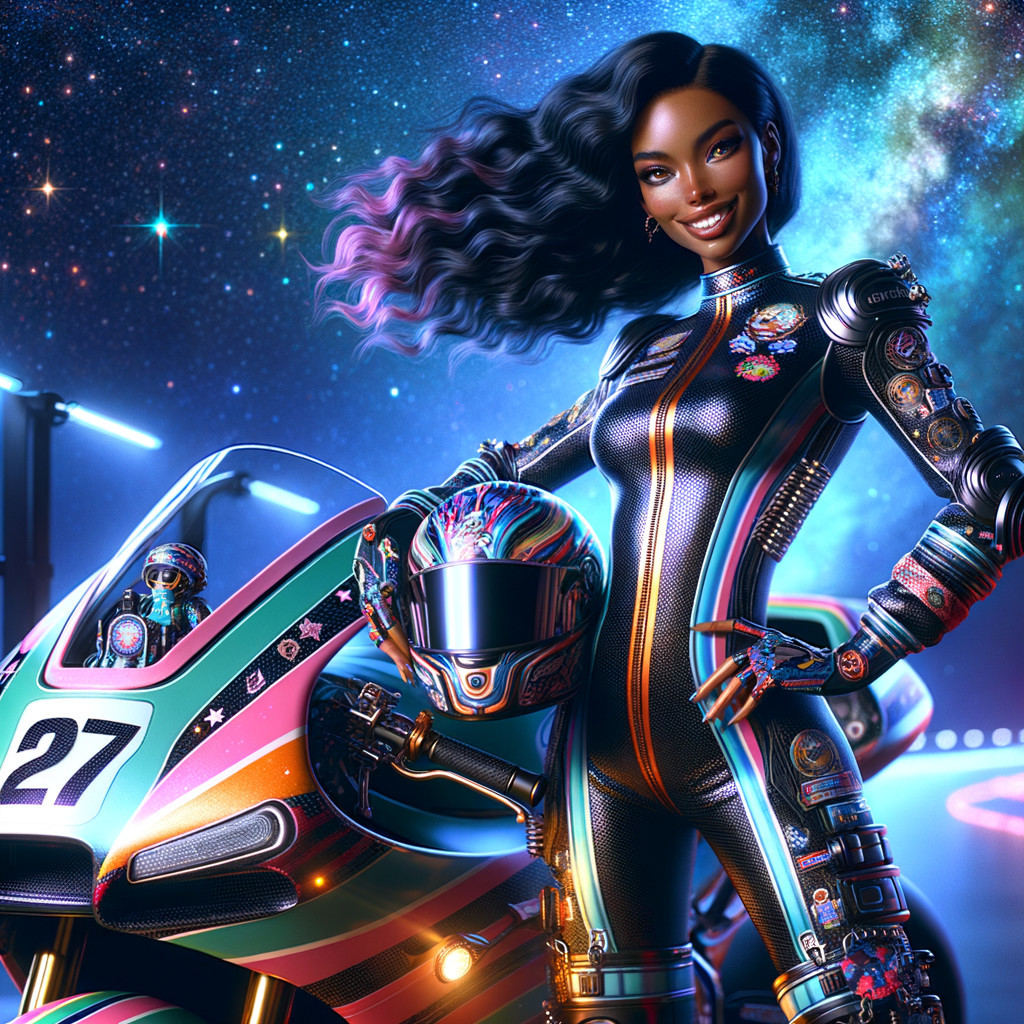 Female Racer with Futuristic Go-Kart in Cosmic Setting