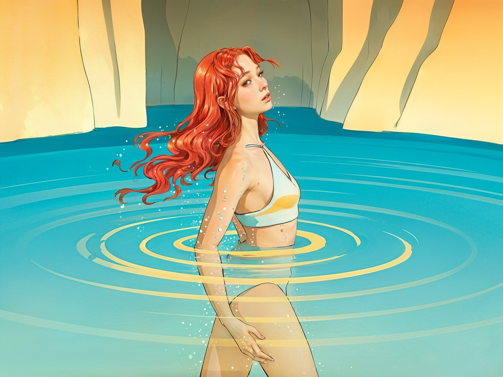 Girl with Red Hair in Blue Pool Surrounded by Cliffs