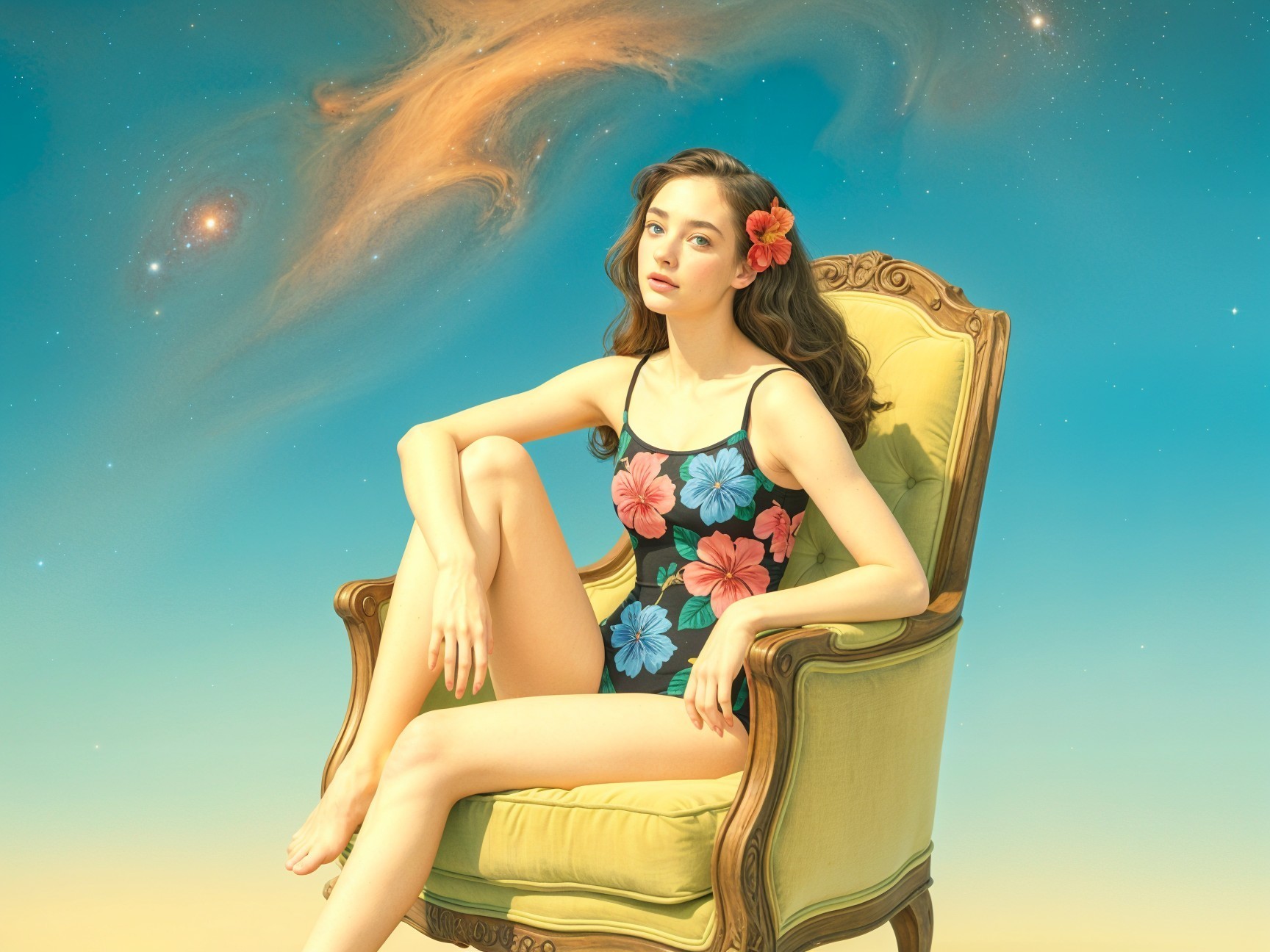 Young woman in vintage chair with galaxy backdrop
