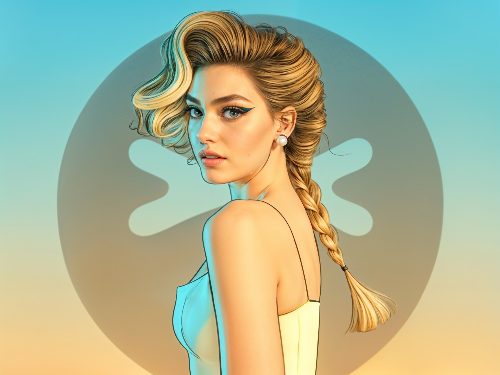 Stylish woman in elegant dress with vibrant background