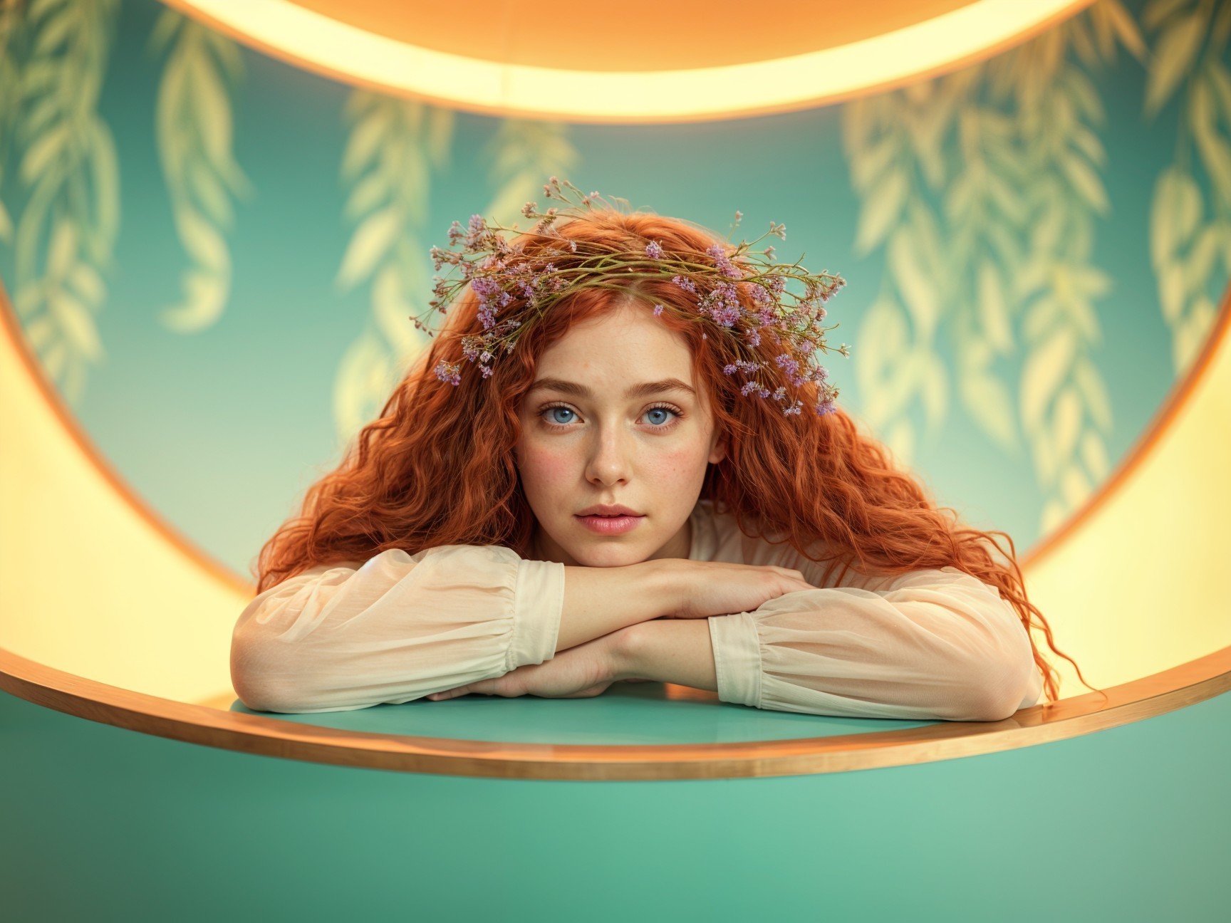 Young woman with red curls in serene setting