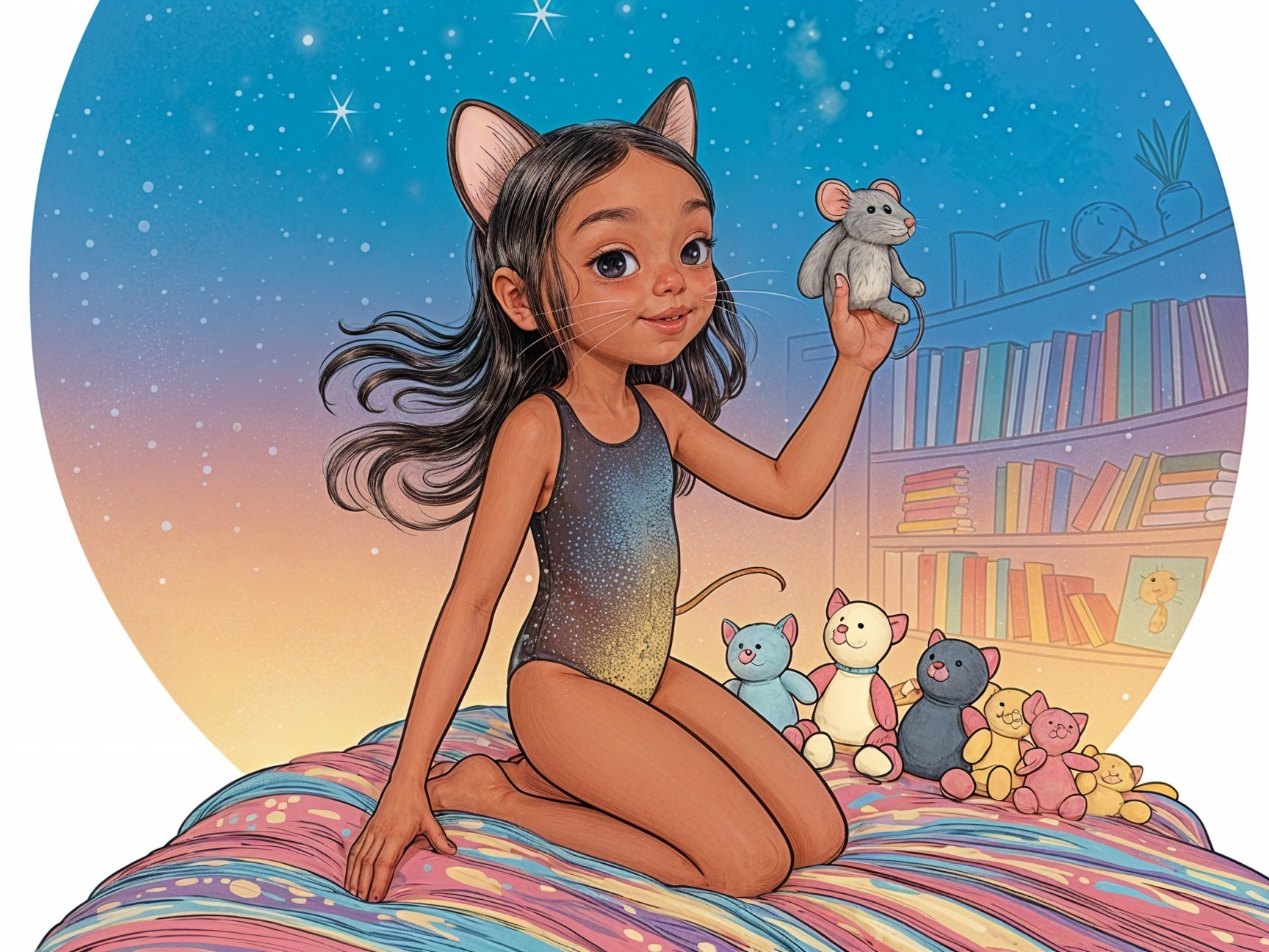 Young girl with cat ears on colorful bedspread